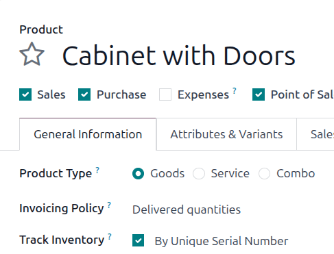 Enabled serial number tracking on the product form.