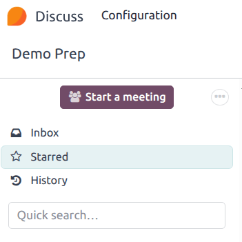 View of the Discuss' sidebar emphasizing the quick search bar in Odoo Discuss.