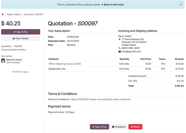 Customer preview of a quotation template in Odoo Sales.