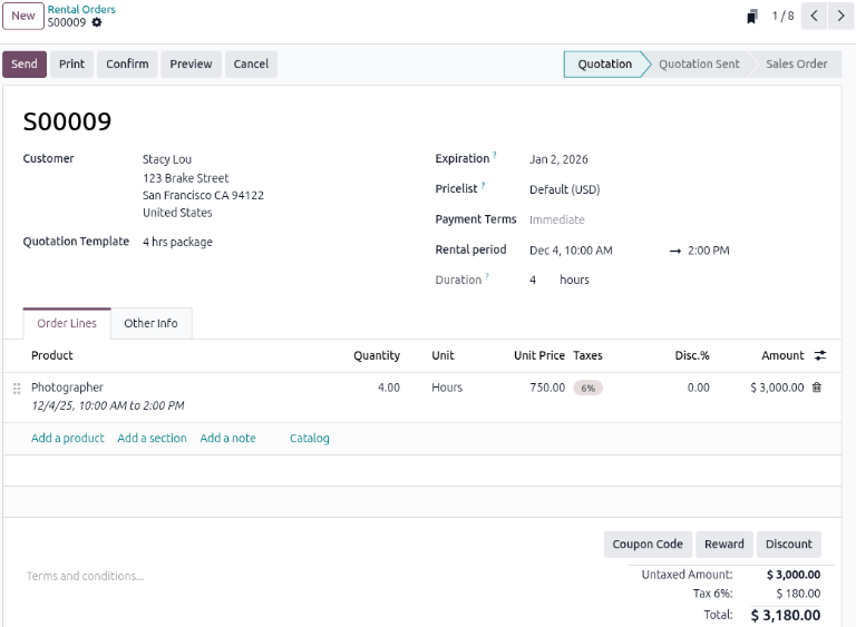 Sample of a rental order for a service product in the Rental app.