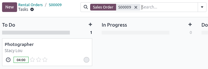 Sample of a project task card for the rental order in the Rental app.