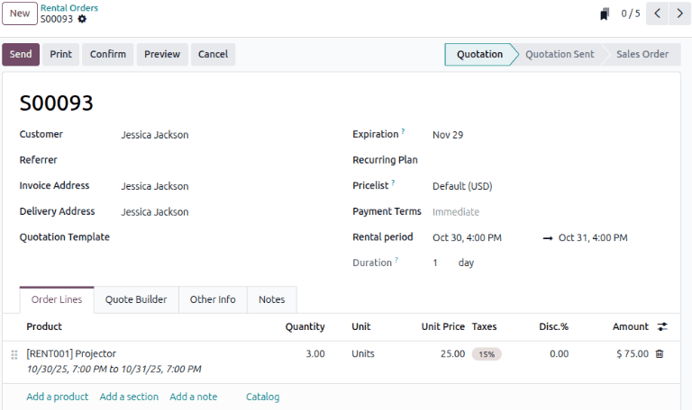 Sample of a filled out rental order available in the Odoo Rental application.