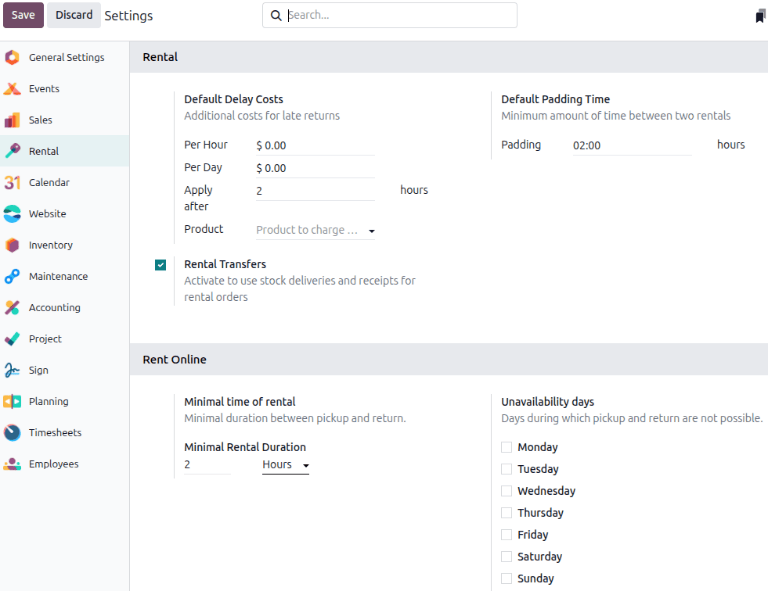 Sample of Rental app configuration settings.