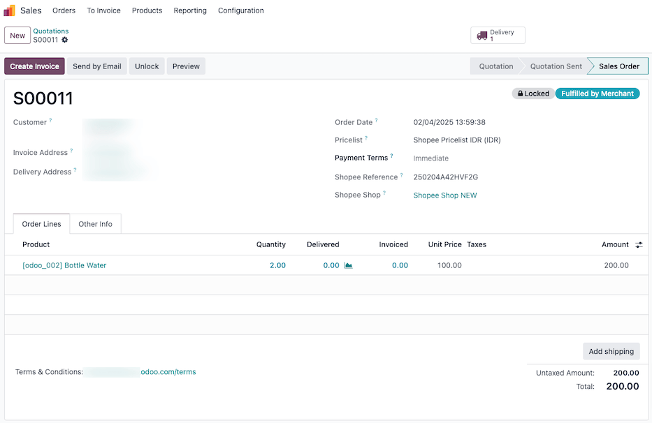 Shopee synchronized sale order in Odoo.