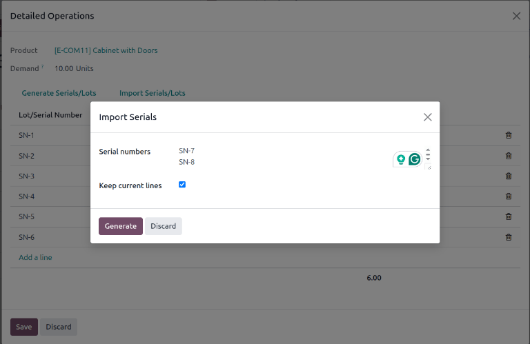 Show import serials pop-up.