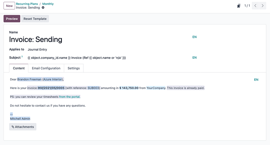 An email template in Odoo used to send subscriptions invoicing messages to customers.