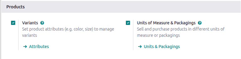 Enable Units of Measure & Packagings in the Inventory settings.