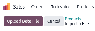 The upload file button on the import products template download page in Odoo Sales.