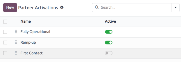 CRM 应用中的默认合作伙伴激活列表。