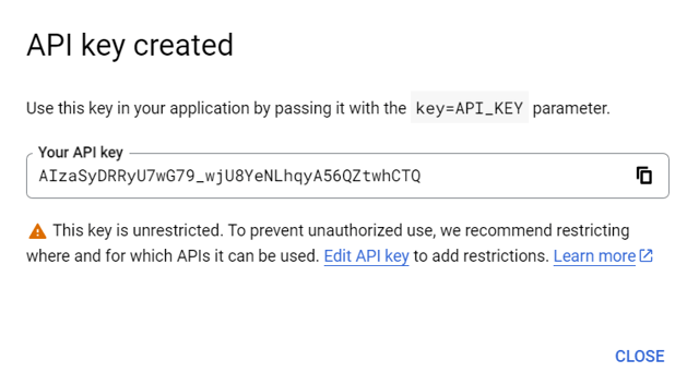 创建的API密钥弹出窗口。
