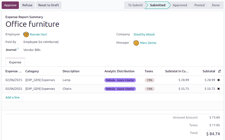 一份可供批准或拒绝的独立费用报销单。