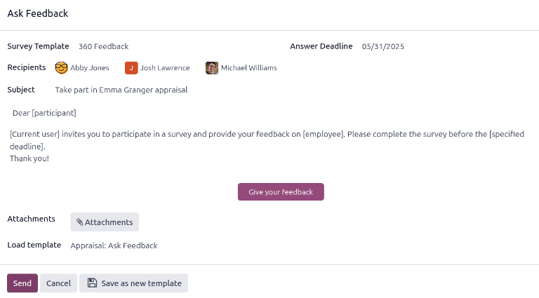 请求其他员工提供反馈时弹出的电子邮件。