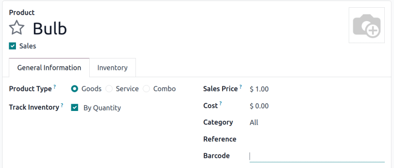 产品表单上的'条形码'字段，光标处于活动状态。