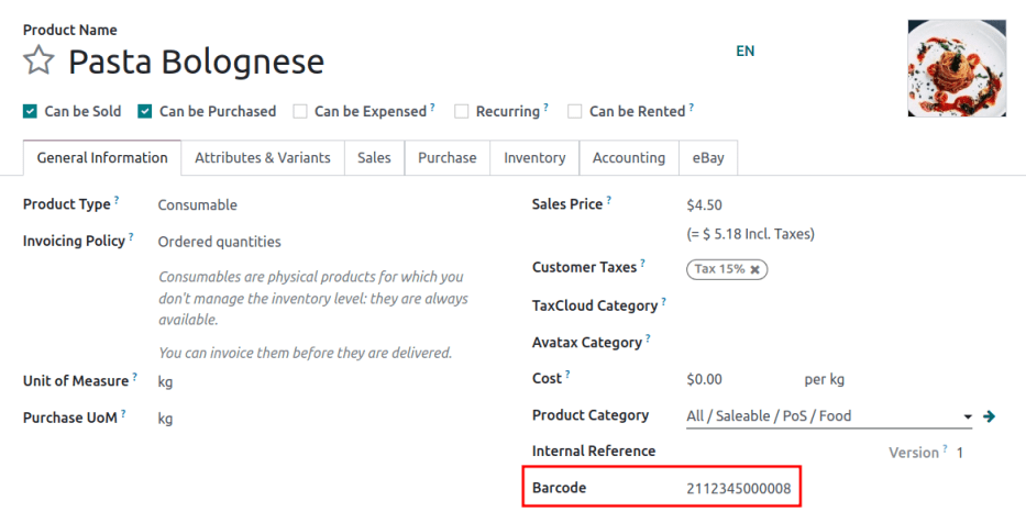 产品表格上的条形码字段。