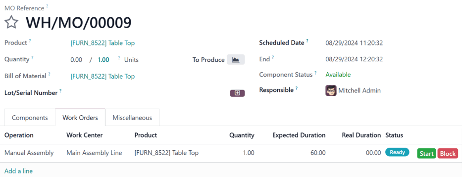 在点击 “计划” 之前，工单已安排在 “主要装配线” 上。