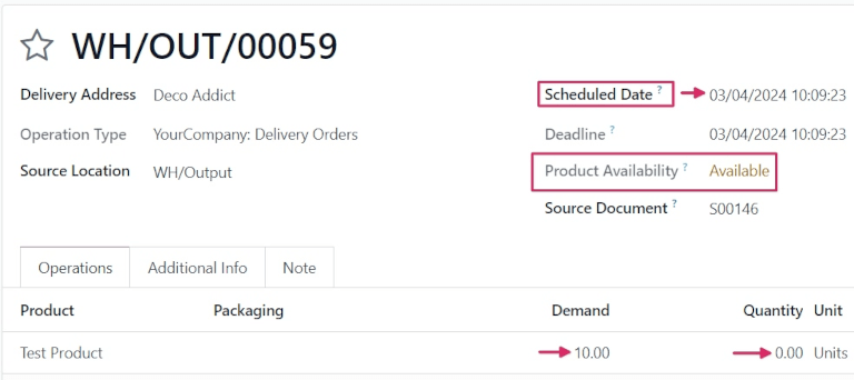 发货单表单，产品可用性和已预订数量。