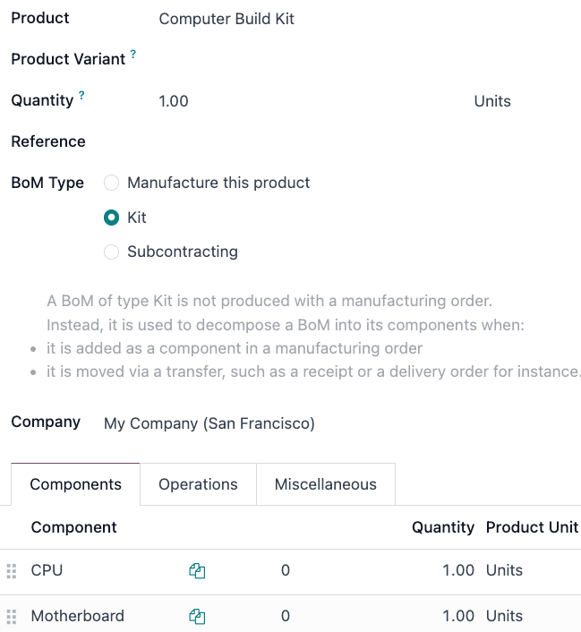 材料清单上的套件选择。