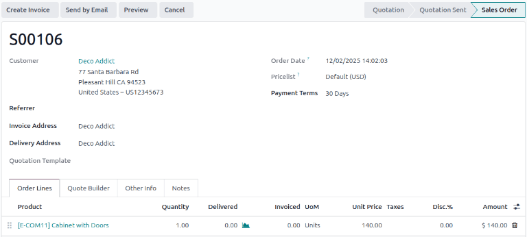带门橱柜销售订单已在 Odoo 销售应用程序中确认。