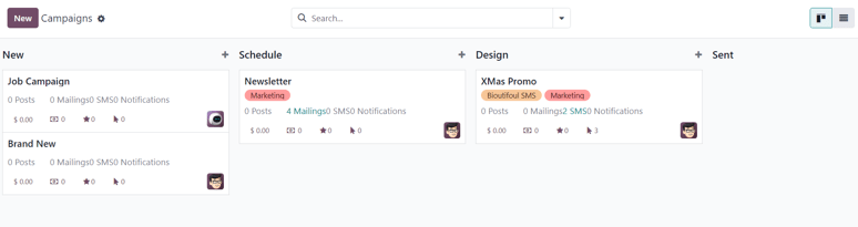 Odoo 电子邮件营销中的营销活动页面视图。