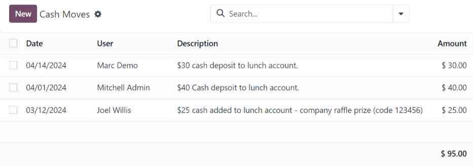 所有现金流动的列表视图。