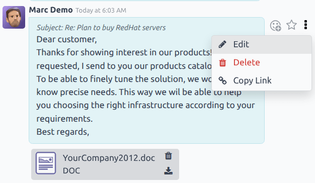 沟通栏线程中的编辑信息选项。