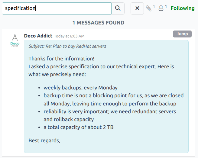 在沟通栏线程中搜索结果，强调搜索图标和跳转按钮。