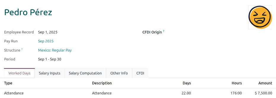 The worked days tab of a payslip.