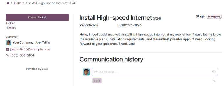 Odoo 服务台中关闭工单的客户视图