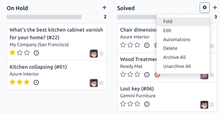 帮助台管道的阶段视图，齿轮图标和编辑阶段选项。