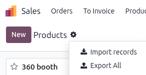 The Import records option selectable from the cog icon on the Products page in Odoo Sales.