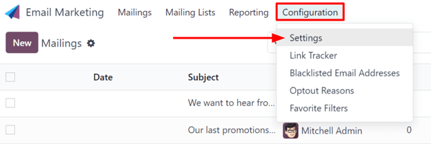 Odoo 电子邮件营销应用程序中带有设置页面的配置菜单视图。