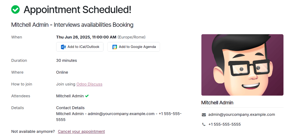 确认页面显示面试的所有详细信息。