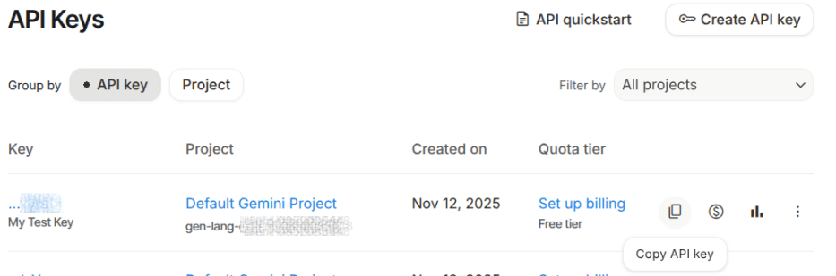 新的 Gemini 密钥，复制按钮已高亮显示。