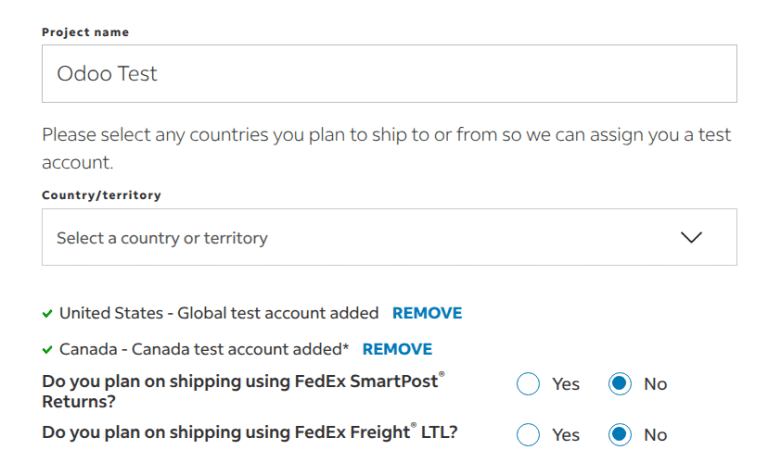 Page on FedEx website where users select the countries they ship to and from.