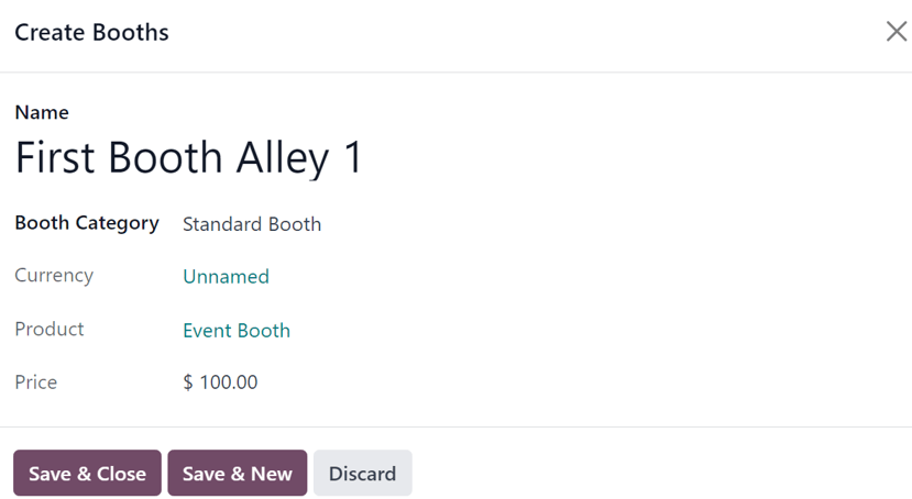 在 Odoo 活动应用程序中弹出创建展位窗口。