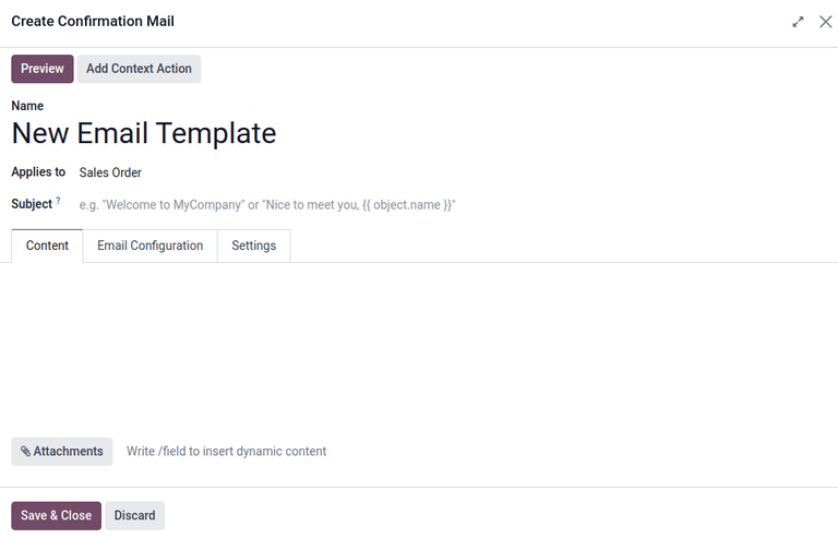 Create confirmation mail pop-up window from the quotation template form in Odoo Sales.