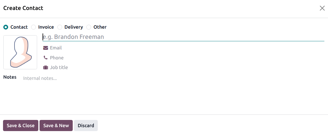 在联系表单上创建新的联系人/地址。