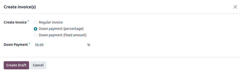 创建发票(s)弹出窗，出现在 Odoo 销售中。