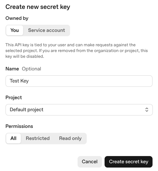 在 OpenAI 中创建新 API 密钥的弹窗。