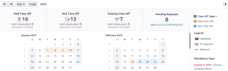 带有图例、休假摘要和视图按钮高亮显示的休假仪表盘视图。