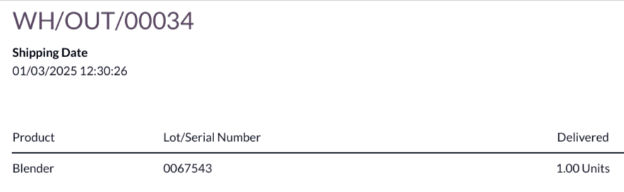 发货单的订单行部分，显示产品及其序列号。