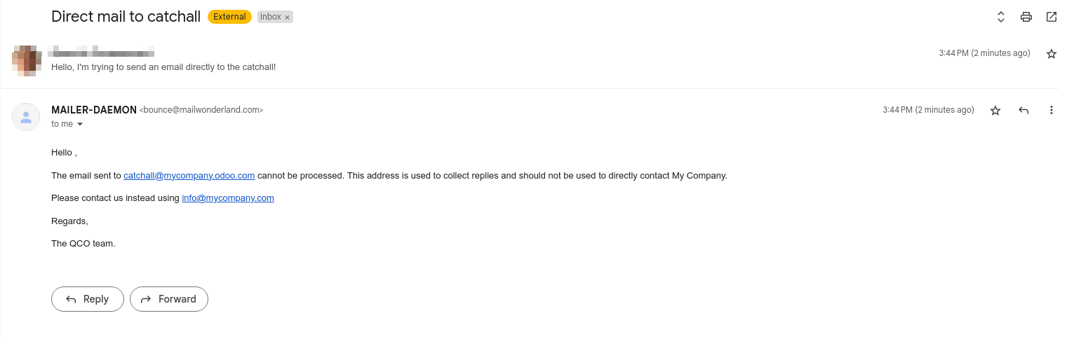 来自 “MAILER-DEAMON” 的退件邮件，说明如何联系数据库。