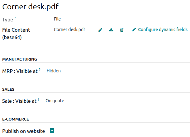 A standard document form with an uploaded PDF in Odoo Sales.