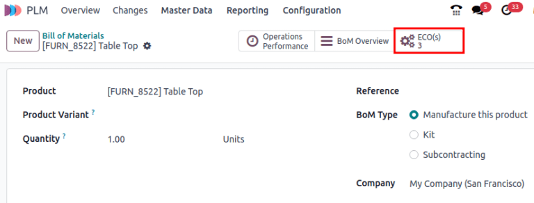在 BoM 上显示 ECO 智能按钮。