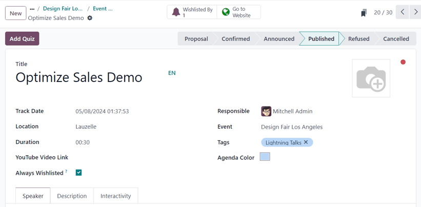 Odoo 活动应用程序中的典型活动追踪表单。