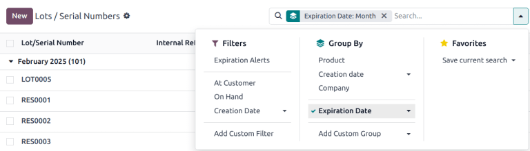 在批次和序列号页面上按有效期分组。