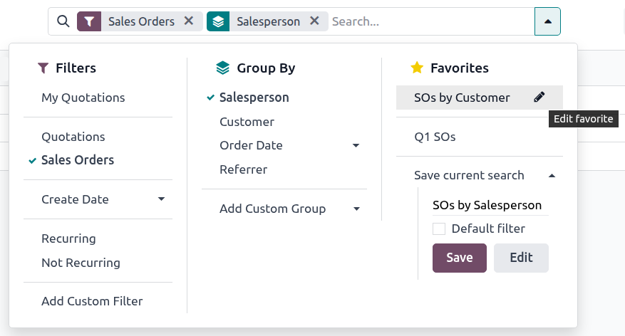 在销售分析报告中保存收藏搜索。