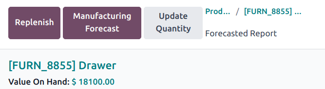 库存应用中的库存预报报表的更新数量按钮。