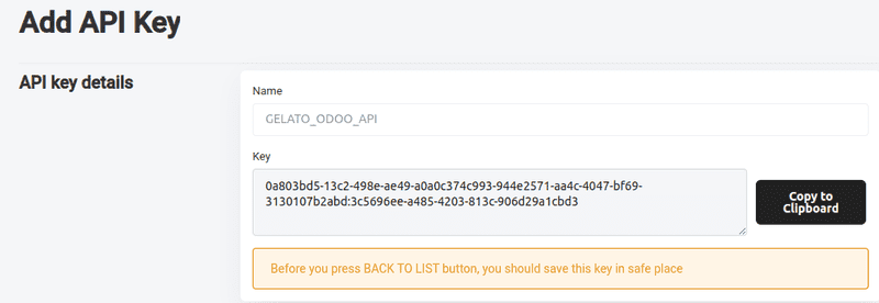 新生成的 API 密钥在 Gelato 平台。