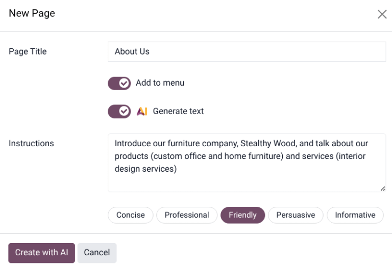 新建页面弹出窗口，其中显示了 AI 生成文本选项。